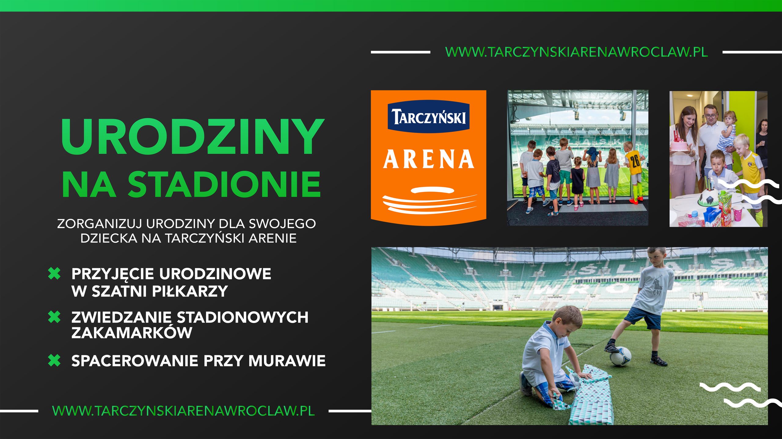 Grafika informacyjna dotycząca urodzin na stadionie. Oprócz informacji na grafice znajdują się zdjęcia dzieci podczas urodzin na stadionie.