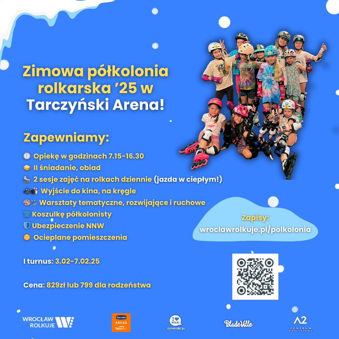 Plakat zimowych półkolonii rolkarskich 2025 na Tarczyński Arenie