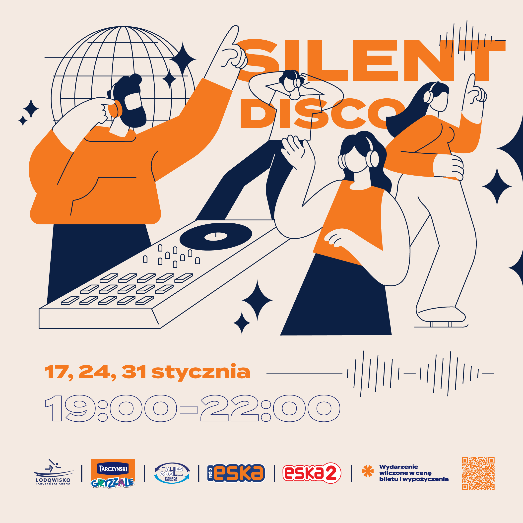 Plakat silent disco na Lodowisku Tarczyński Arena