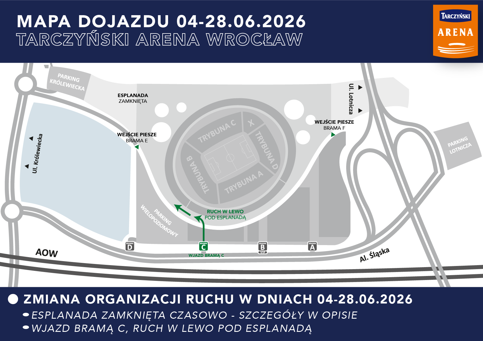 Informacja o czasowych utrudnieniach i zmianach organizacji ruchu na Tarczyński Arenie Wrocław | Czerwiec 2026